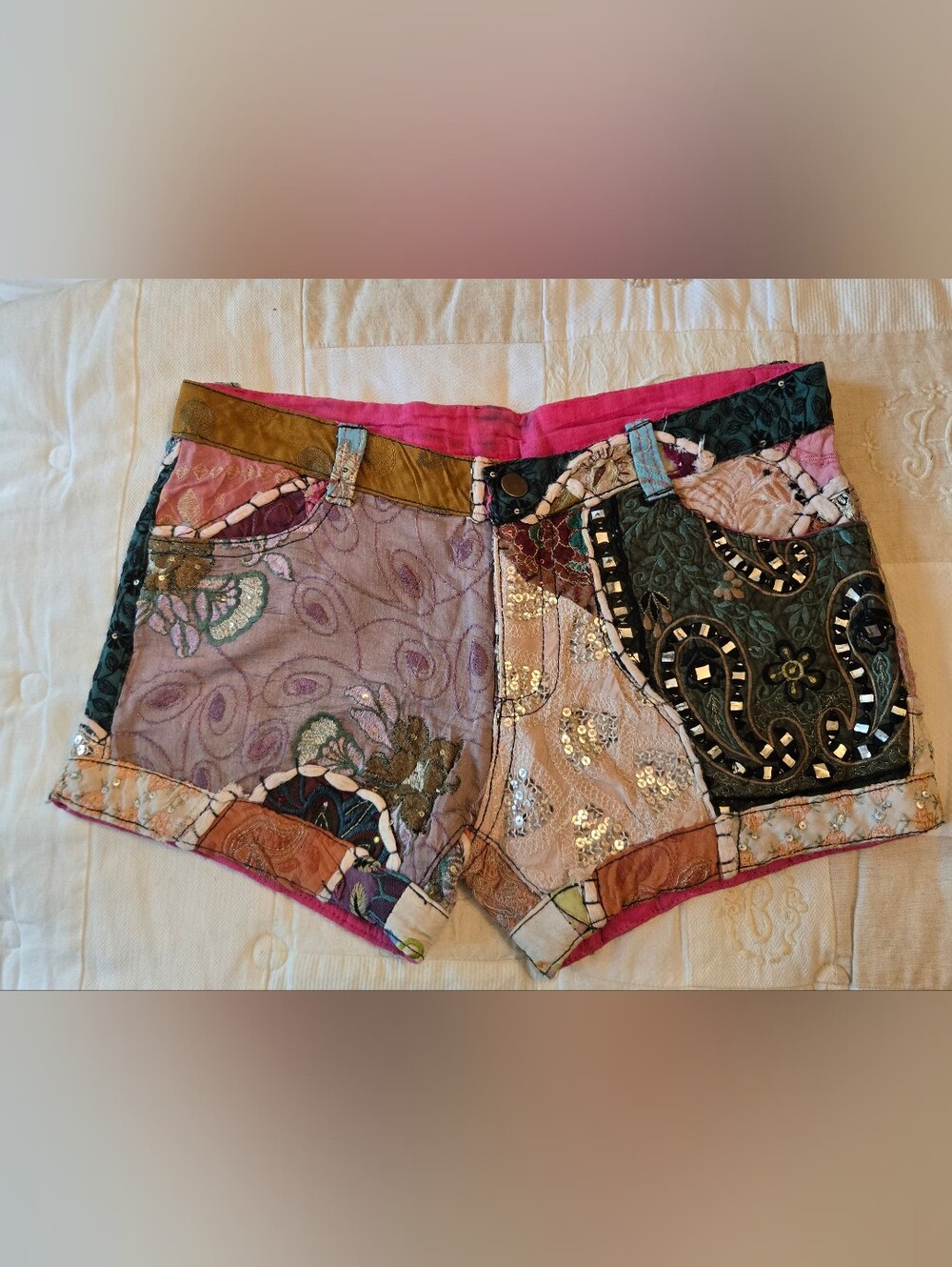 Boho Artisan Heavily Decorated Patchwork Shorts Unbranded Size 28